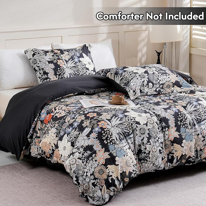 LONAVA Queen Flower 3 Pcs Duvet Cover Set, Breathable Soft Microfiber Black - Image 2