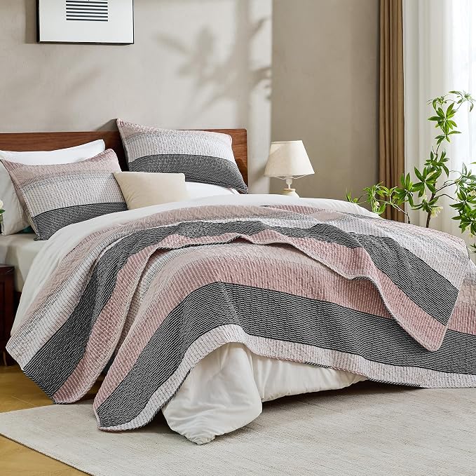 Andency California King Quilt Set Grey Pink, 3 Pieces Ultra Soft Lightweight - Image 3