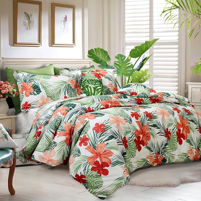 FADFAY Tropical Red Hibiscus Palm Leaves Duvet Cover Set Super Soft Summer - Image 2