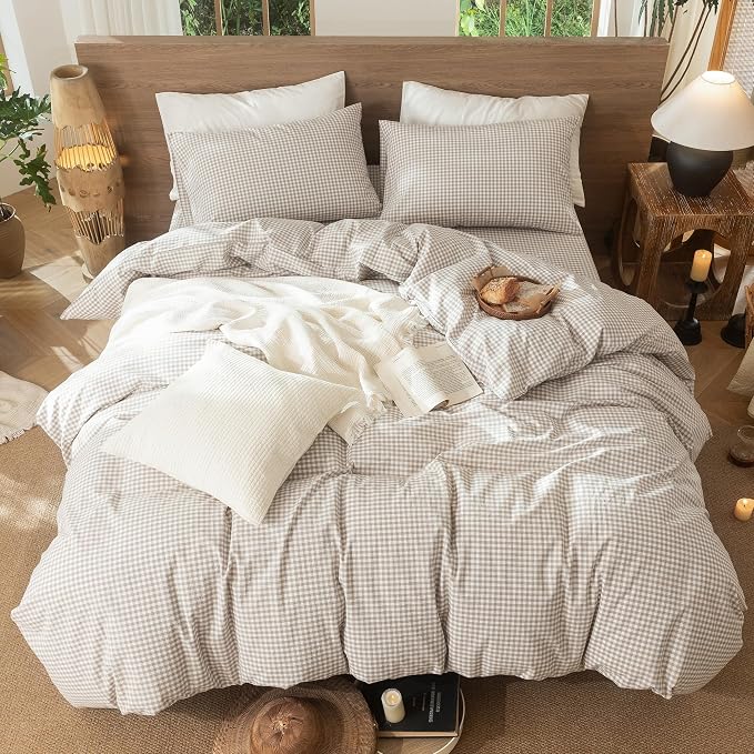 MooMee Gingham Duvet Cover Set 100% Washed Cotton Linen Like Textured - Image 5