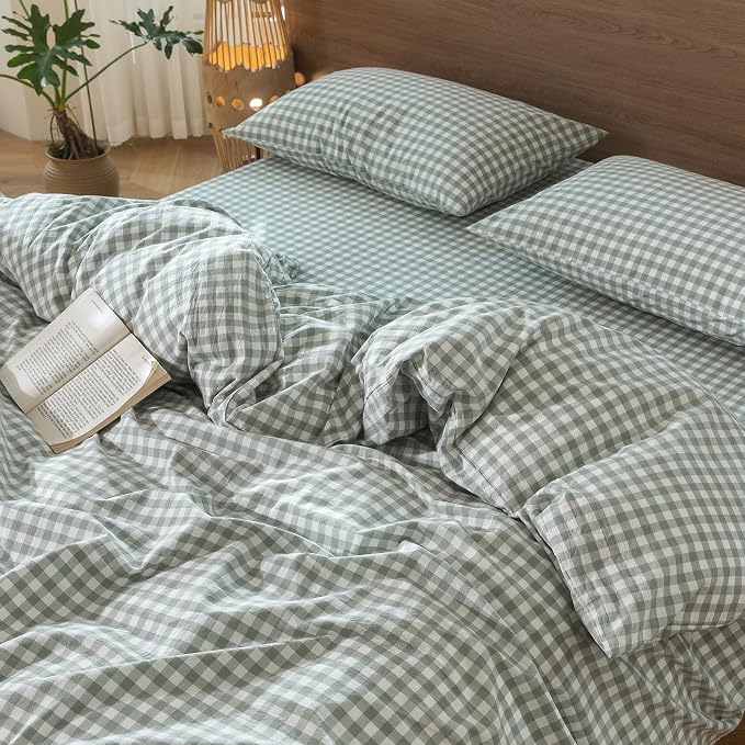 MooMee Gingham Duvet Cover Set 100% Washed Cotton Linen Like Textured - Image 8
