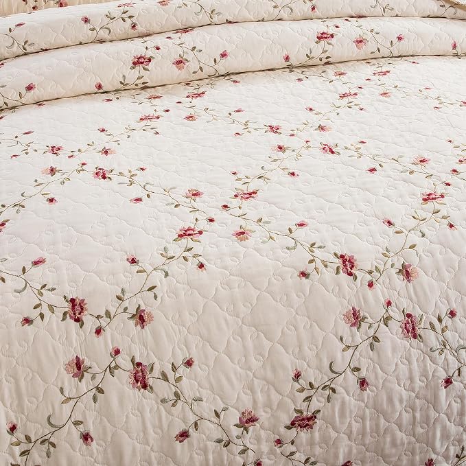 Quilt Set Floral Leaves 3D Embroidery Pattern 3 PCS Cotton Reversible Quilted - Image 2