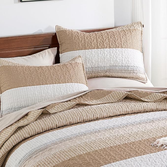 Andency Taupe Striped Quilt Queen, 3 Pieces Patchwork Bedspread Coverlet Set - Image 3