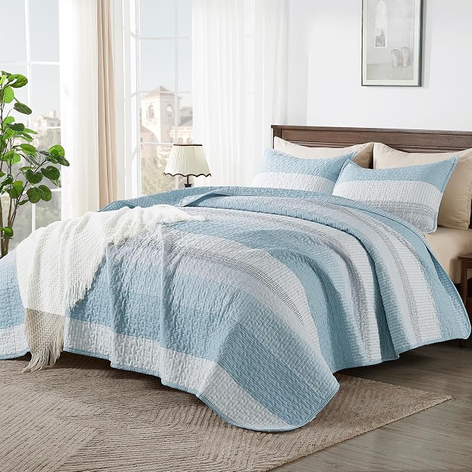 Andency Queen Quilt Bedding Set Aqua Blue, 3 Pieces Patchwork Summer Striped - Image 6