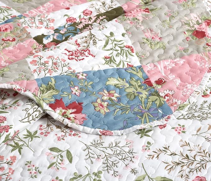 Brilliant Sunshine Peach and Olive Flowers Patchwork, 3-Piece Quilt Set - Image 5