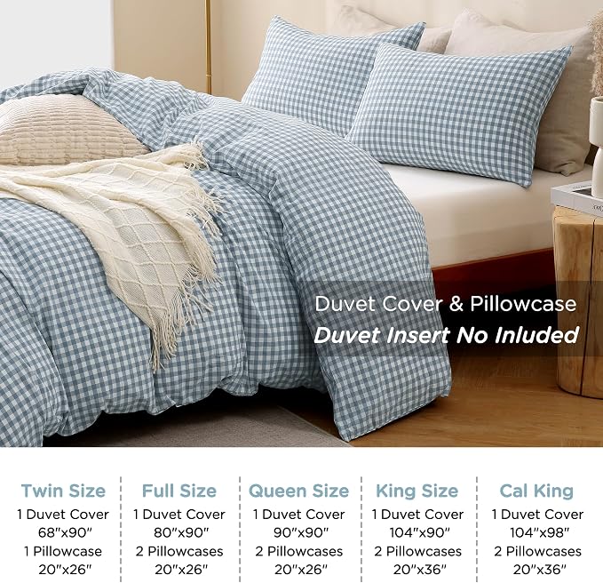 TOCOMOA Blue Gingham Duvet Cover Bedding Set 100% Washed Cotton Like Linen Feel - Image 8