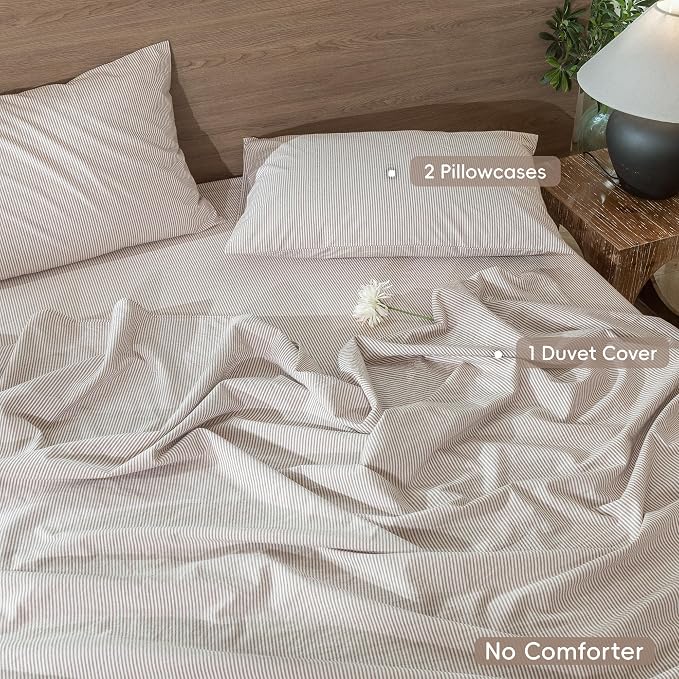 MooMee Striped Duvet Cover Set 100% Washed Cotton Linen Like Textured - Image 2