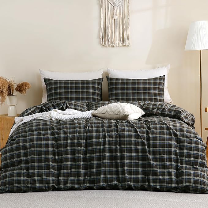 TOCOMOA Buffalo Plaid Duvet Cover Set 100% Washed Cotton Like Linen Feel Super - Image 3