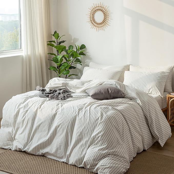MooMee Striped Duvet Cover Set 100% Washed Cotton Linen Like Textured - Image 4