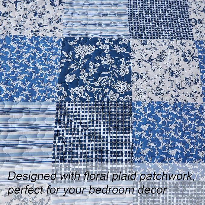 Mybedsoul Blue Boho Quilt Set Queen Size, 3 Pieces Plaid Floral Bedspread - Image 4