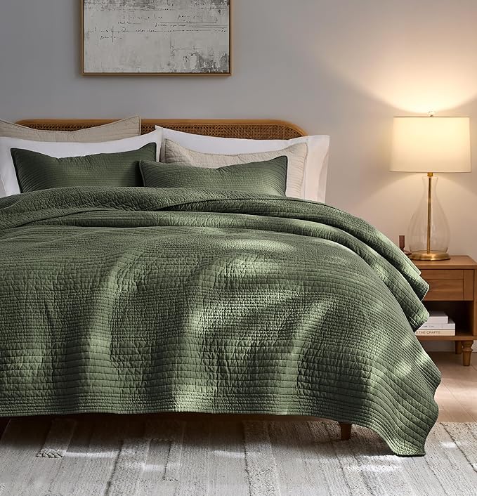 palassio Striped Olive Green 100% Cotton Quilt King Size Bedding Sets, by PALASSIO