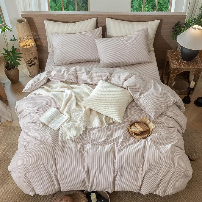 MooMee Striped Duvet Cover Set 100% Washed Cotton Linen Like Textured - Image 5