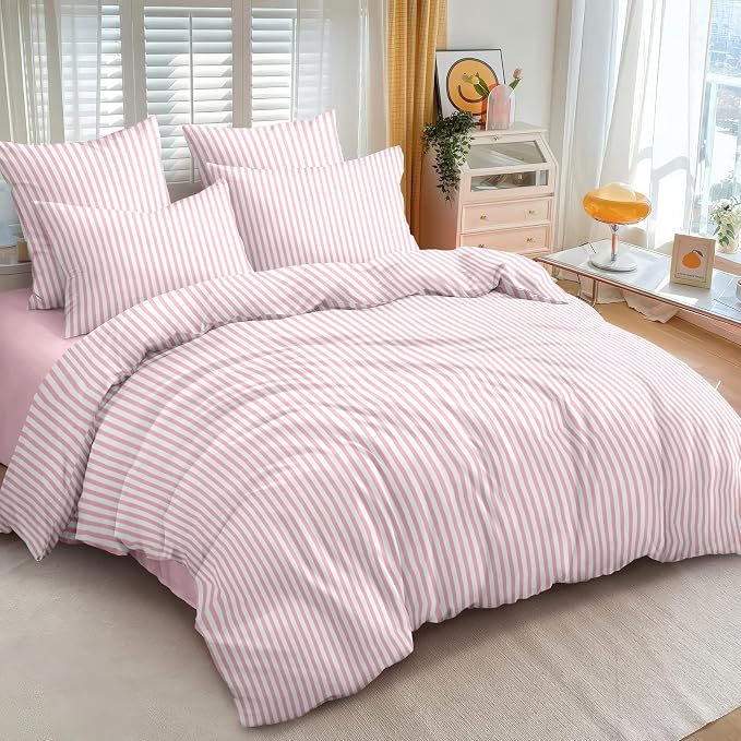 Nayoroom Pink Striped Duvet Cover Queen Size White Stripe Duvet Cover Dorm - Image 2