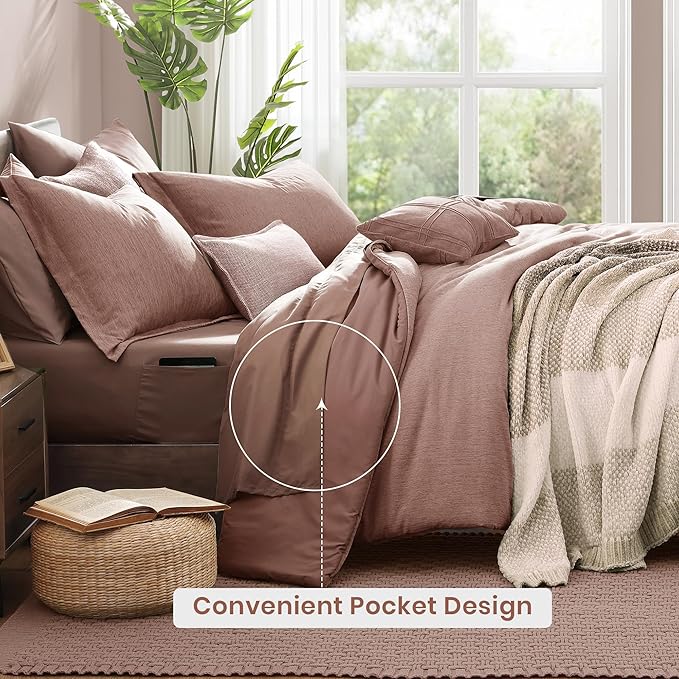 Monbix King Size Comforter Set, 7 Pieces Dusty Pink Cationic Dyeing Bed in a - Image 4