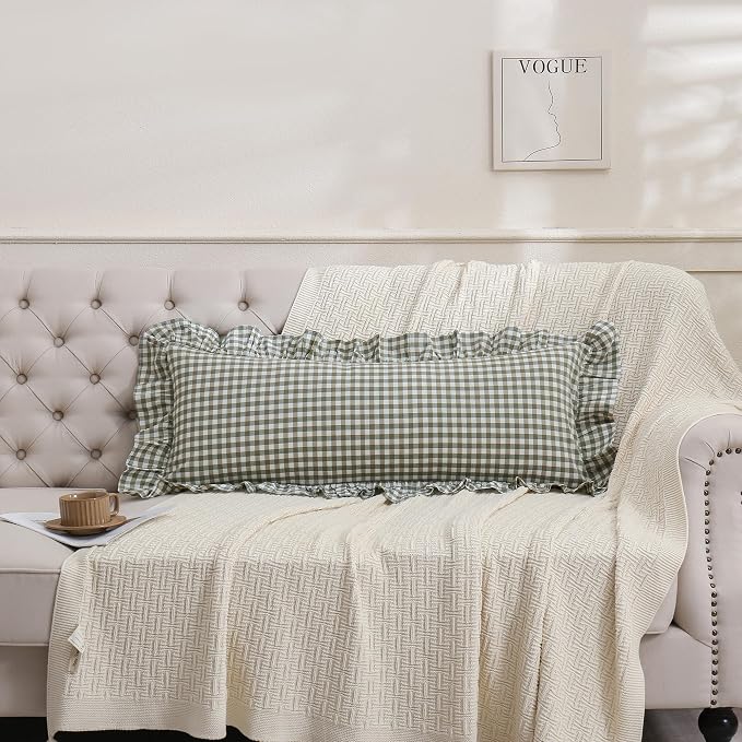 14x36 inches Sage Green Plaid Ruffle Lumbar Pillow Sham 1 Piece, Pure Cotton - Image 5