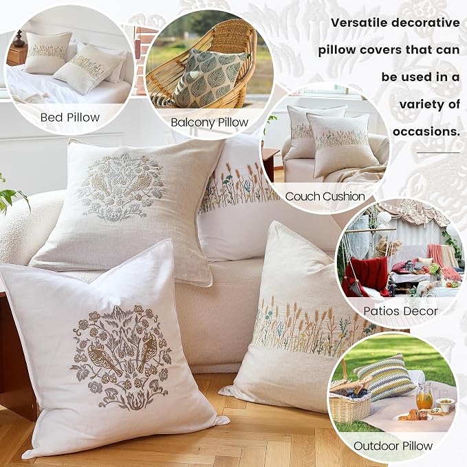 Simple&Opulence 100% Linen Euro Shams 26'' x 26'' Pack of 2, Embroidery Wheat - Image 6