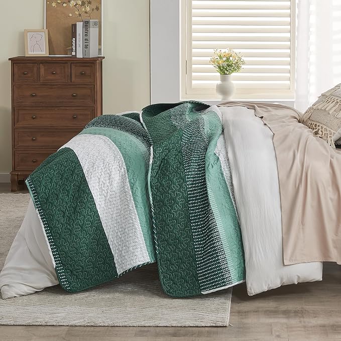 Andency Emerald Green Quilt King, 3 Pieces Patchwork Striped Bedspread Coverlet - Image 4