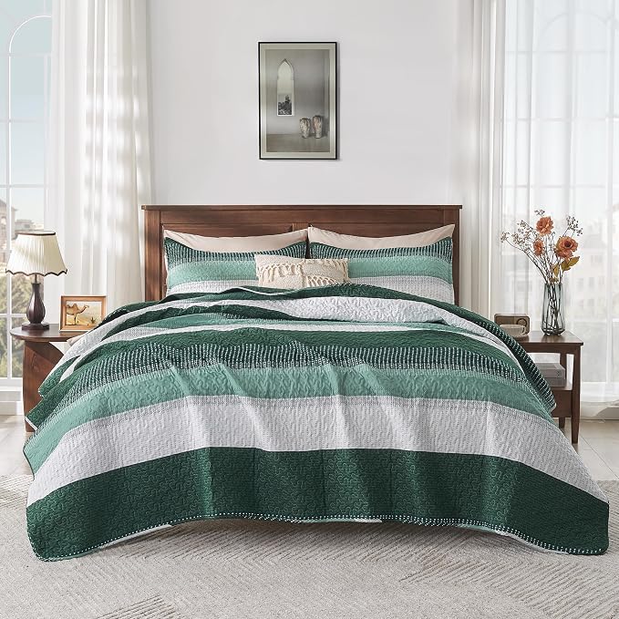 Andency Emerald Green Quilt Cal King, 3 Pieces Patchwork Striped Bedspread - Image 8