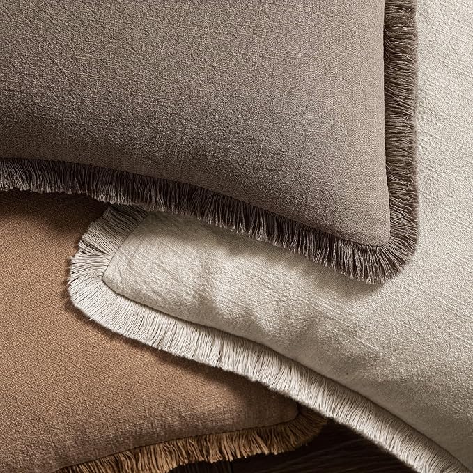 MIULEE Decorative Throw Pillow Covers Neutral Linen Fringe Throw Pillows Euro - Image 4