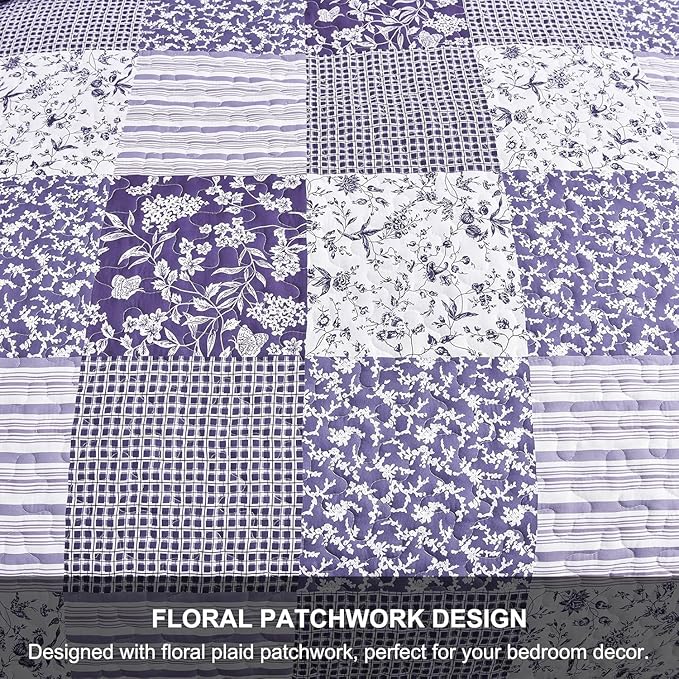 Mybedsoul Purple Quilt Set Twin Size, 2 Pieces Plaid Floral Bedspread Set - Image 7