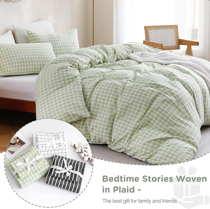 TOCOMOA Plaid Duvet Cover Set 100% Washed Cotton Like Linen Feel Super Soft - Image 7