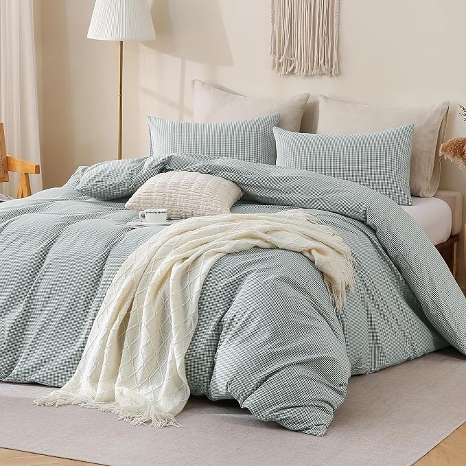 TOCOMOA Mini Gingham Green Duvet Cover Bedding Set 100% Washed Cotton Like - Image 2