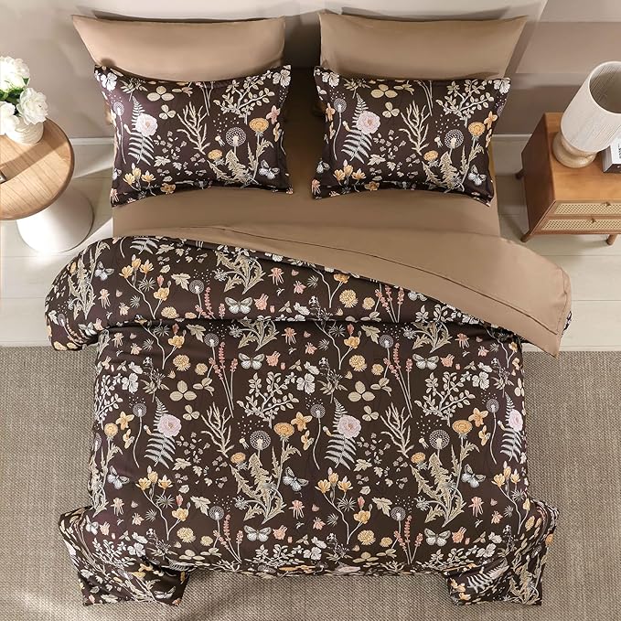 Yiran Brown Comforter Set King Size, 7 Piece Floral Comforter Bedding Set - Image 3