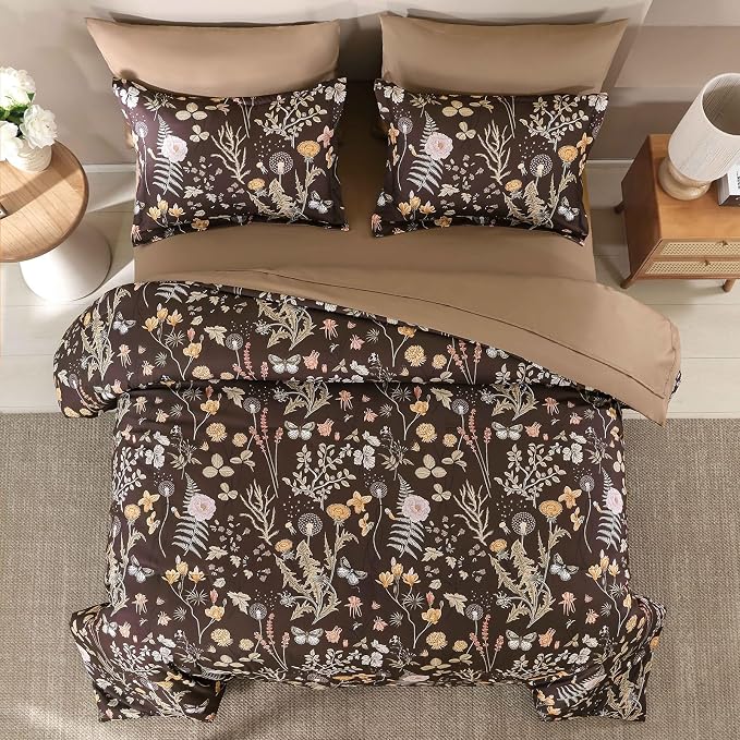 Yiran Brown Comforter Set Queen Size, 7 Piece Floral Comforter Bedding Set - Image 3