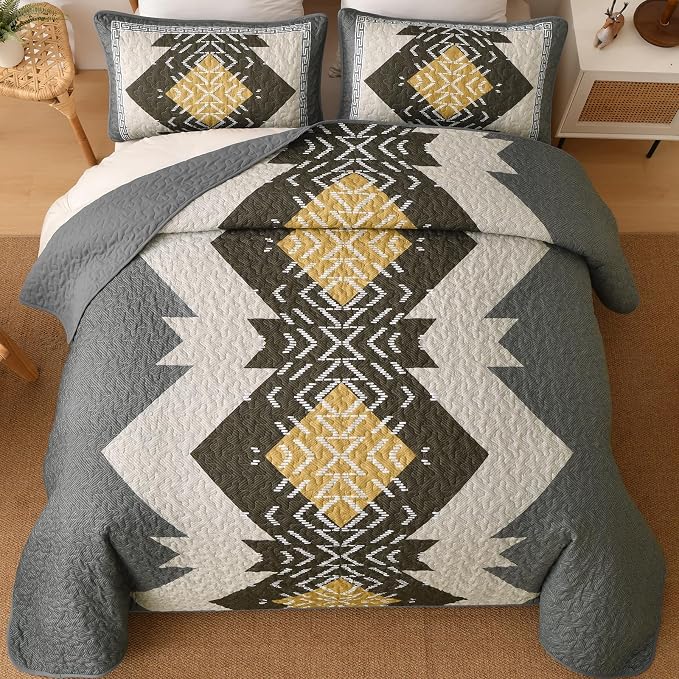 Dintszyayue Boho Quilt Set King Size, 3 Pieces Texture Southwestern Gray - Image 3