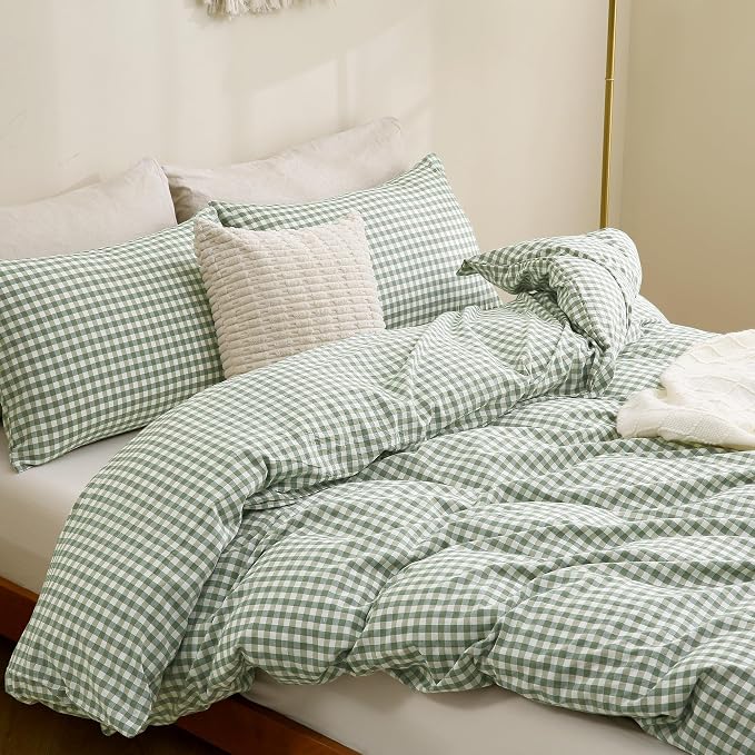 TOCOMOA Green Gingham Duvet Cover Bedding Set 100% Washed Cotton Like Linen - Image 4