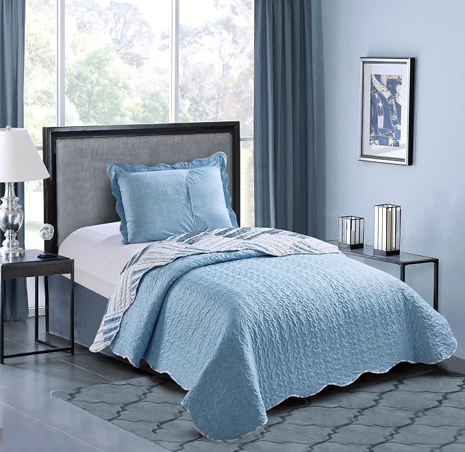 Brilliant Sunshine Blue and Grey Stripe Blocks Patchwork, 2-Piece Quilt Set - Image 2