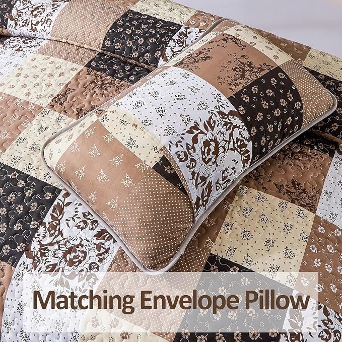 Mybedsoul Brown Quilt Set Twin Size, 2 Pieces Plaid Floral Bedspread Set - Image 4