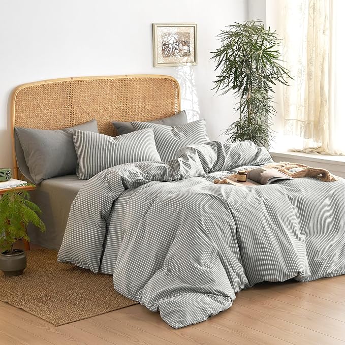 Wake In Cloud - Striped Cotton Duvet Cover Set, 100% Washed Cotton Textured - Image 3