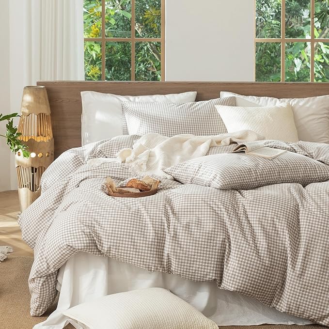 MooMee Gingham Duvet Cover Set 100% Washed Cotton Linen Like Textured - Image 3