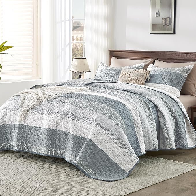 Andency Grey Striped Quilt Queen, 3 Pieces Patchwork Bedspread Coverlet Set - Image 2