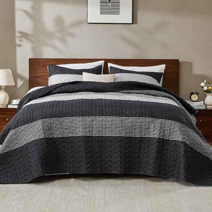 Andency Black Quilt Twin, 2 Pieces Black and White Patchwork Striped Bedspread - Image 3