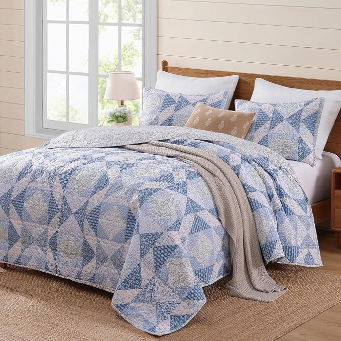 BLOOMHAVEN Quilt Set King Size, Patchwork Blue Marigold Floral Quilt Sets - Image 7