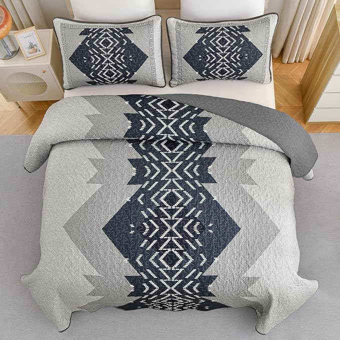 Dintszyayue King Quilt Set Boho, 3 Piece Navy Bedding Coverlet Set Aztec - Image 2