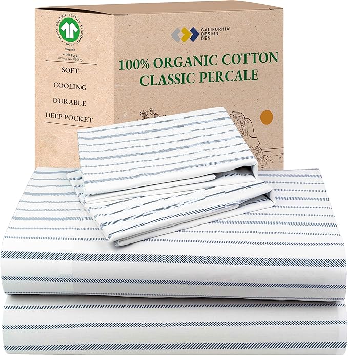 California Design Den California King Sheet Stripe, 100% Organic Cotton Percale by CaliforniaDesignDen
