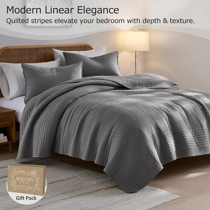 PALASSIO Striped Dark Grey 100% Cotton Quilt California Cal King Size Bedding - Image 2