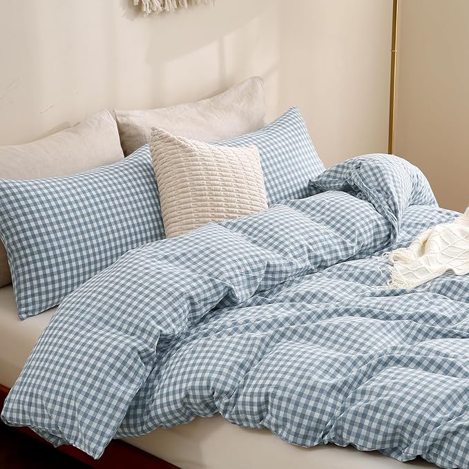 TOCOMOA Blue Gingham Duvet Cover Bedding Set 100% Washed Cotton Like Linen Feel - Image 4