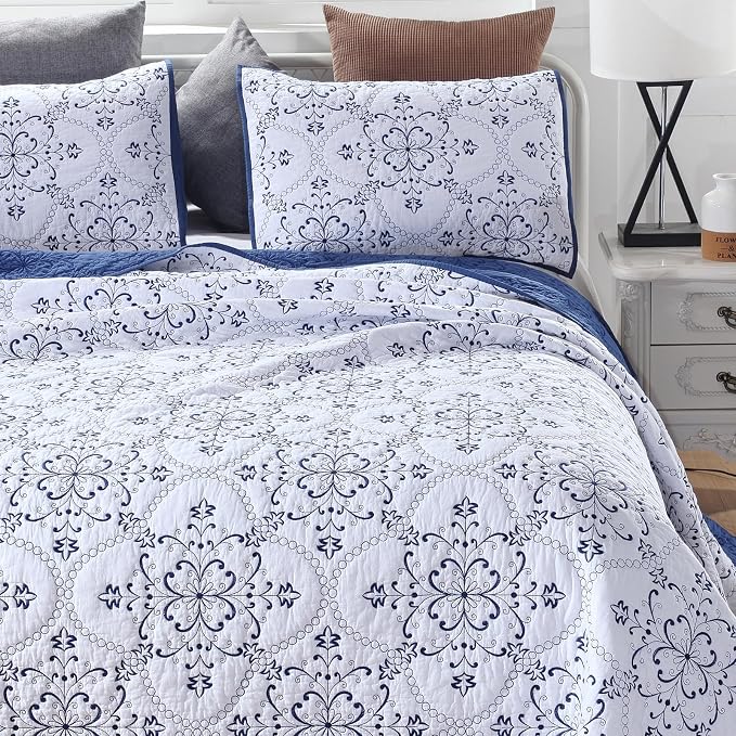ROOMLIFE Quilt Set Full Size 3D Floral Embroidery Pattern 3-Piece Cotton - Image 2