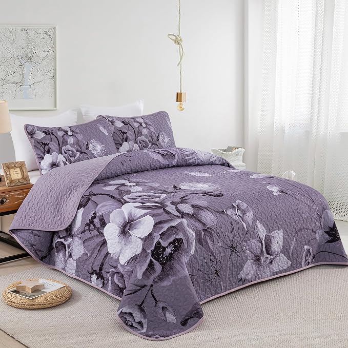 Floral Quilt Set Queen 3 Pieces Dark Purple Boho Flower Quilt Coverlet Set Soft - Image 2