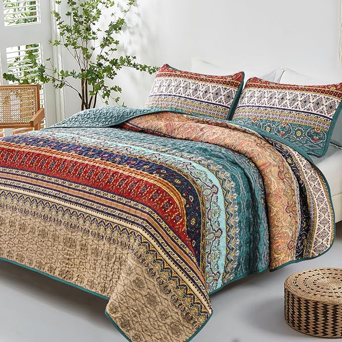 WONGS BEDDING Boho Quilt Set Twin Size, Lightweight Microfiber Bed Decor - Image 2