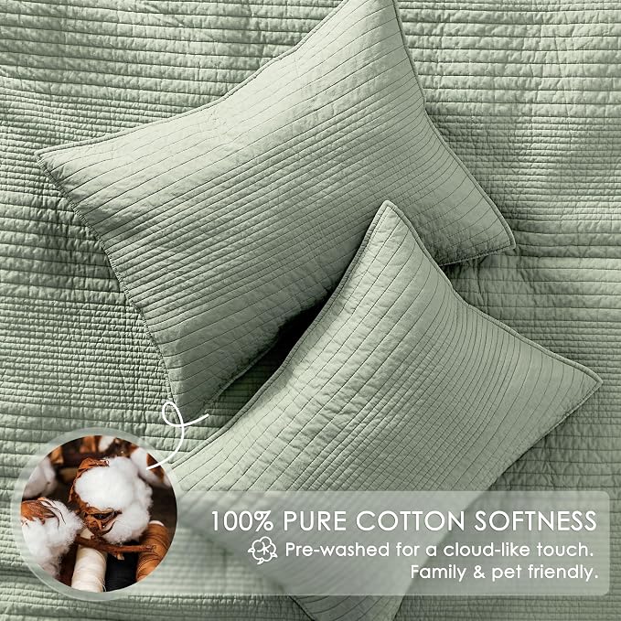 palassio Striped Sage Green 100% Cotton Quilt Queen Size Bedding Sets, - Image 4