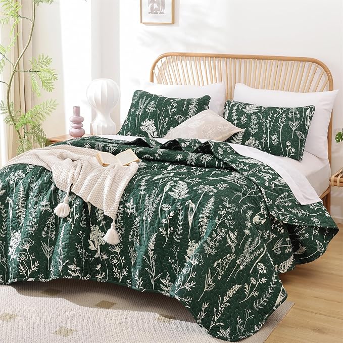 JANZAA Quilts Queen Size Emerald Green Floral Queen Quilt Bedding Set by JANZAA