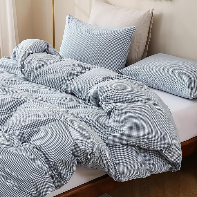 TOCOMOA Mini Gingham Blue Duvet Cover Bedding Set 100% Washed Cotton Like Linen by TOCOMOA