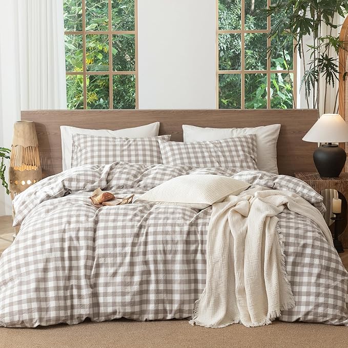 MooMee Gingham Duvet Cover Set 100% Washed Cotton Linen Like Textured by MOOMEE