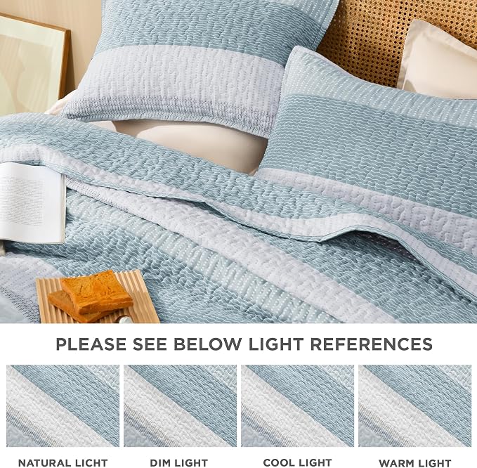 Litanika Quilt Queen Size Spa Blue, Stripe Patchwork Summer Bedspread Coverlet - Image 6