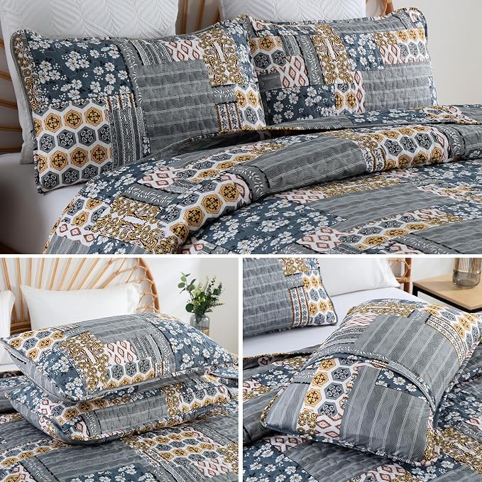 Mybedsoul Dark Grey Quilt Set King Size, 3 Pieces Plaid Floral Bedspread Set - Image 5